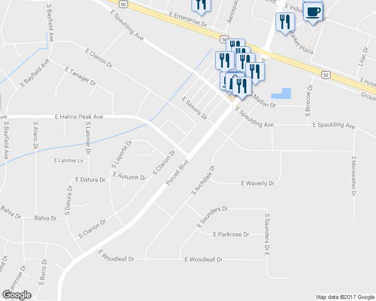 map of restaurants, bars, coffee shops, grocery stores, and more near 387 South Purcell Boulevard in Pueblo West