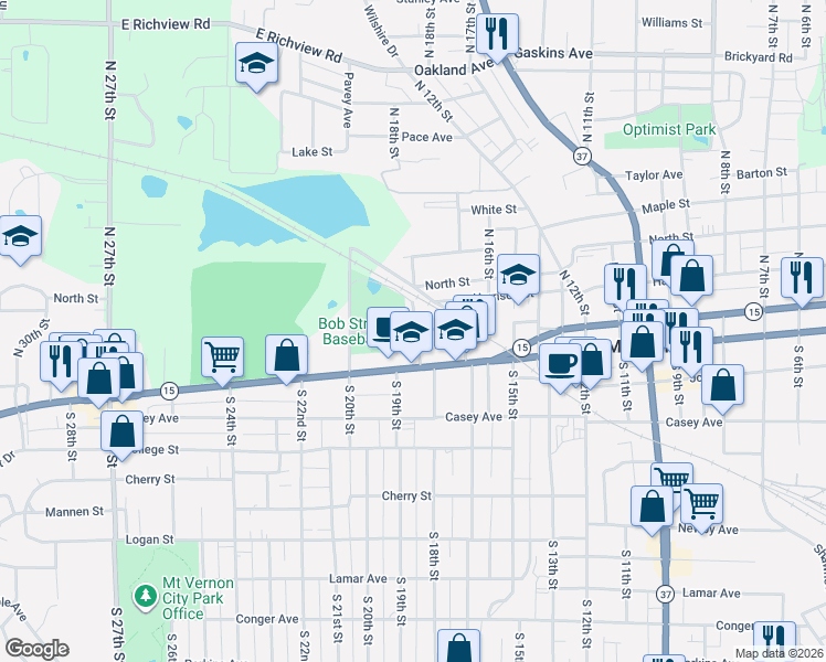 map of restaurants, bars, coffee shops, grocery stores, and more near Main Street in Mount Vernon