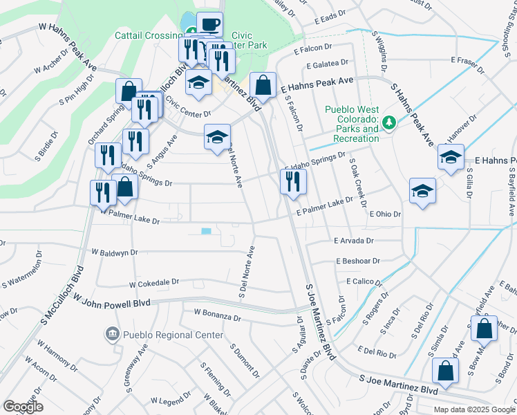 map of restaurants, bars, coffee shops, grocery stores, and more near 438 South Del Norte Avenue in Pueblo
