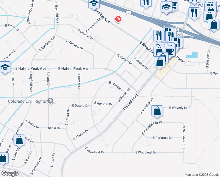 map of restaurants, bars, coffee shops, grocery stores, and more near 465 South Laporte Drive in Pueblo