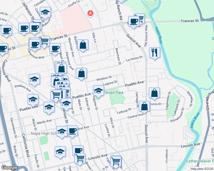 map of restaurants, bars, coffee shops, grocery stores, and more near 869 Laguna Street in Napa