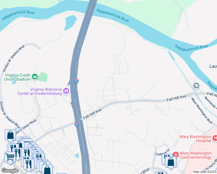 map of restaurants, bars, coffee shops, grocery stores, and more near 241 Ivanhoe Court in Fredericksburg