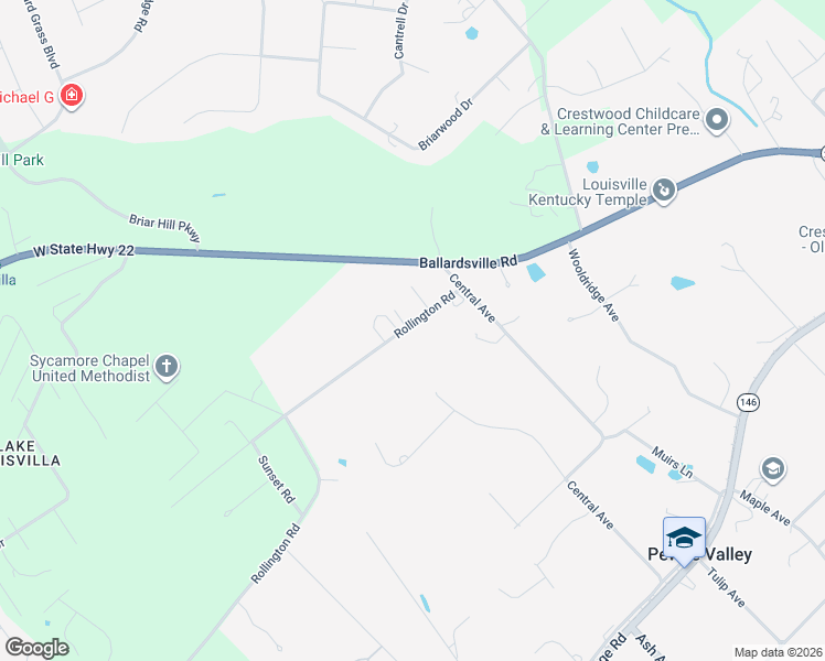 map of restaurants, bars, coffee shops, grocery stores, and more near 127 Rollington Road in Pewee Valley