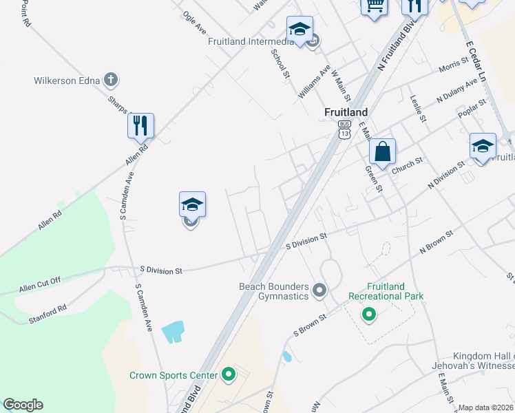 map of restaurants, bars, coffee shops, grocery stores, and more near 222 Sand Castle Boulevard in Fruitland
