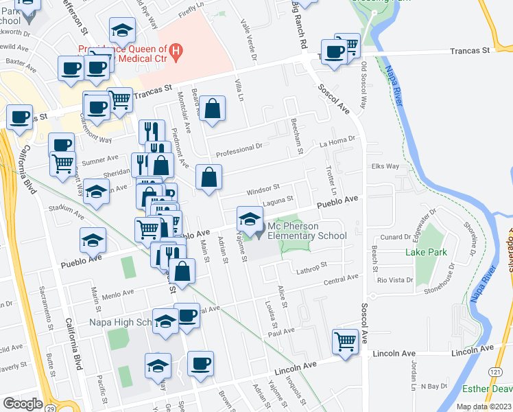 map of restaurants, bars, coffee shops, grocery stores, and more near 2719 Crocker Street in Napa