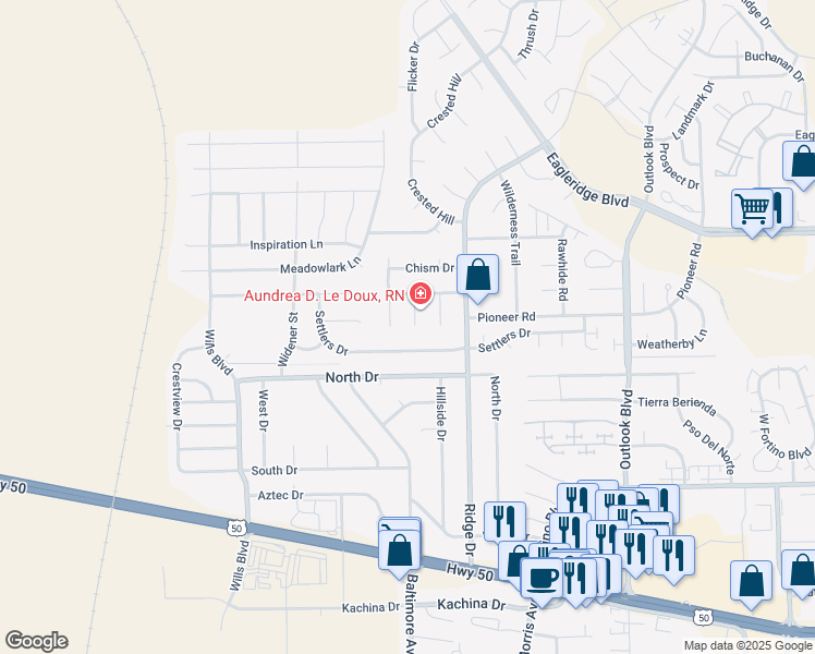 map of restaurants, bars, coffee shops, grocery stores, and more near 4205 Hideout Place in Pueblo