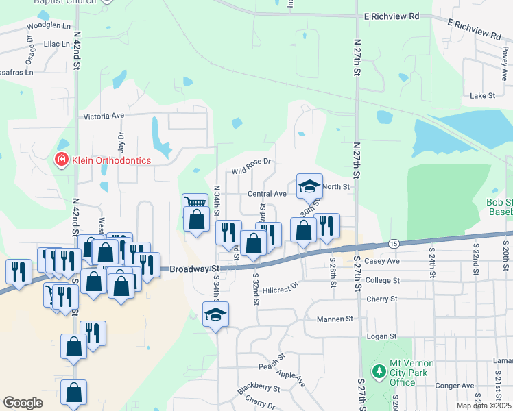 map of restaurants, bars, coffee shops, grocery stores, and more near 205 North 32nd Street in Mount Vernon