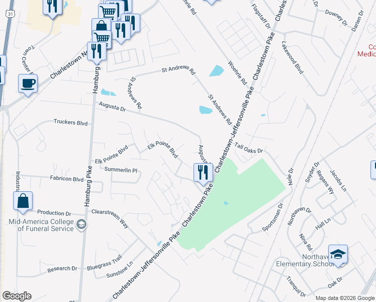 map of restaurants, bars, coffee shops, grocery stores, and more near 2210 Pine Hill Court in Jeffersonville