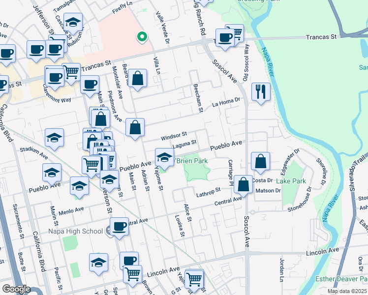 map of restaurants, bars, coffee shops, grocery stores, and more near 849 Laguna Street in Napa