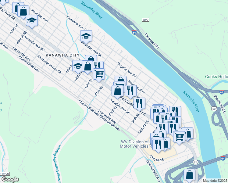 map of restaurants, bars, coffee shops, grocery stores, and more near 5208 Maccorkle Avenue Southeast in Charleston