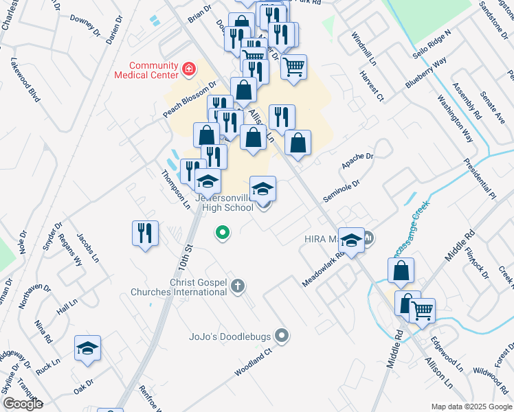 map of restaurants, bars, coffee shops, grocery stores, and more near 2315 Allison Lane in Jeffersonville