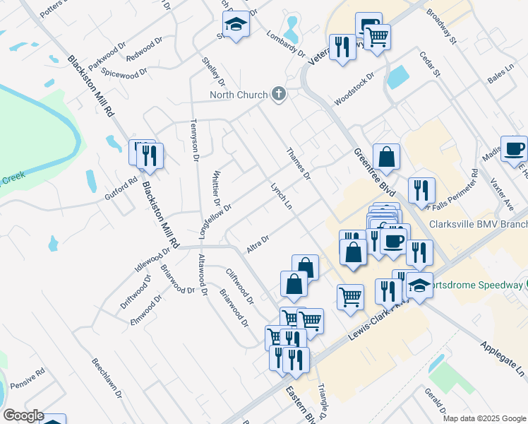 map of restaurants, bars, coffee shops, grocery stores, and more near 1418 East Beta Court in Clarksville