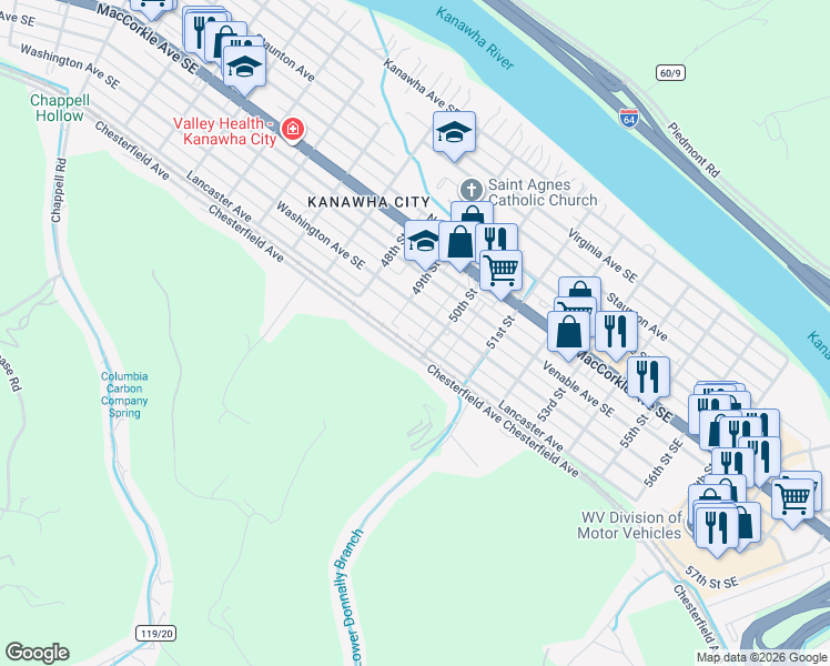 map of restaurants, bars, coffee shops, grocery stores, and more near 4920 Lancaster Avenue in Charleston