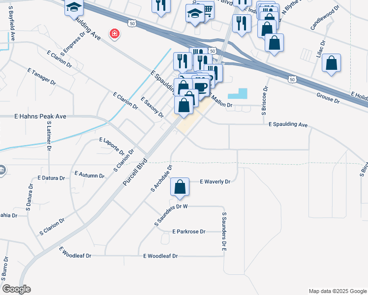 map of restaurants, bars, coffee shops, grocery stores, and more near 334 South Archdale Drive in Pueblo West