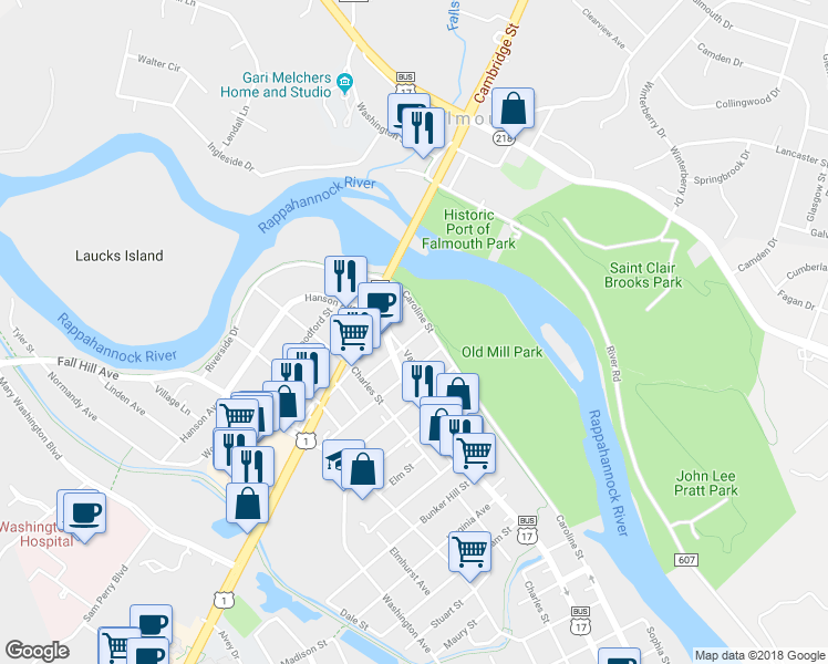 map of restaurants, bars, coffee shops, grocery stores, and more near 209 Forbes Street in Fredericksburg