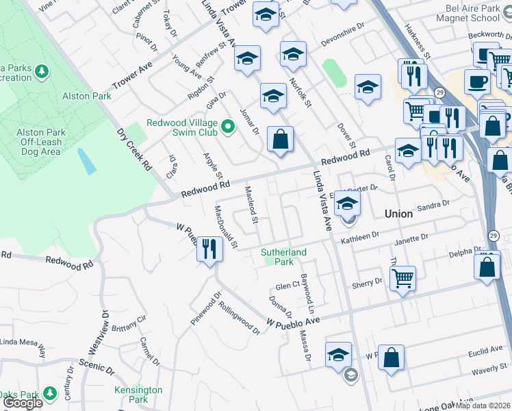 map of restaurants, bars, coffee shops, grocery stores, and more near 3324 Macleod Street in Napa