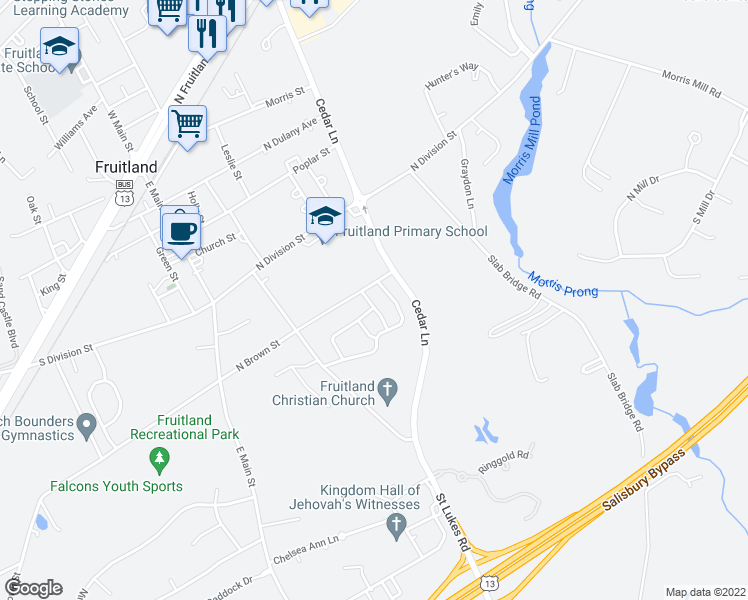 map of restaurants, bars, coffee shops, grocery stores, and more near 604 Wye Oak Drive in Fruitland