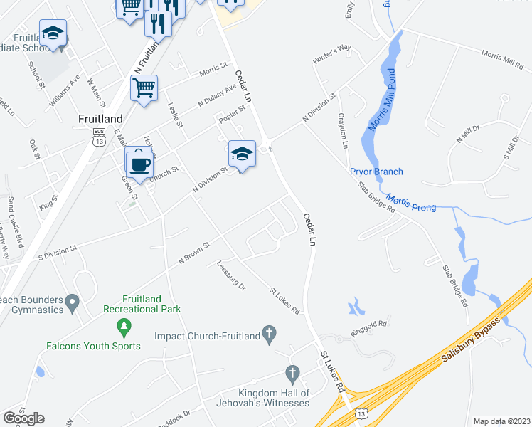 map of restaurants, bars, coffee shops, grocery stores, and more near 227 North Brown Street in Fruitland