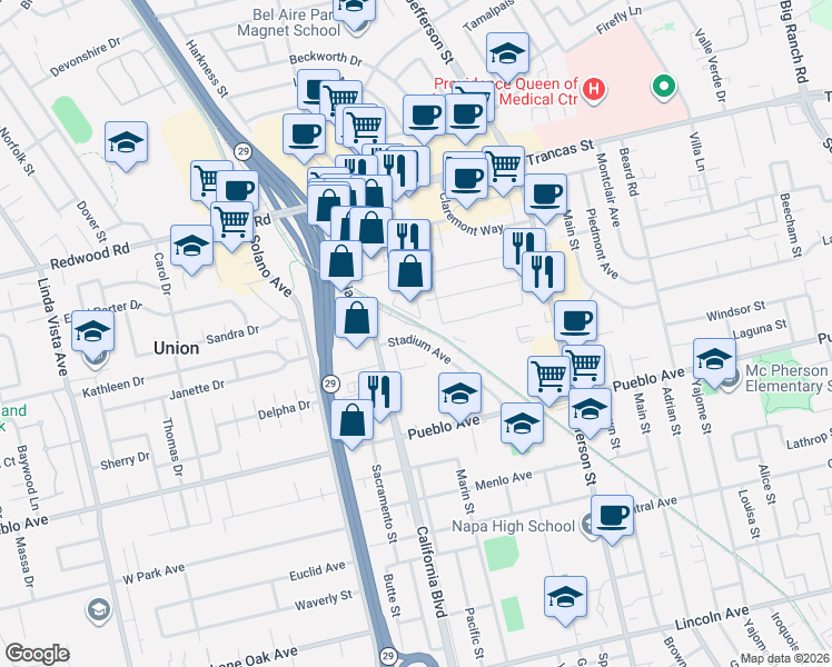 map of restaurants, bars, coffee shops, grocery stores, and more near 3094 Stadium Avenue in Napa
