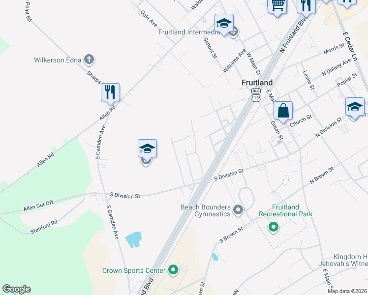 map of restaurants, bars, coffee shops, grocery stores, and more near 335 Holiday Street in Fruitland