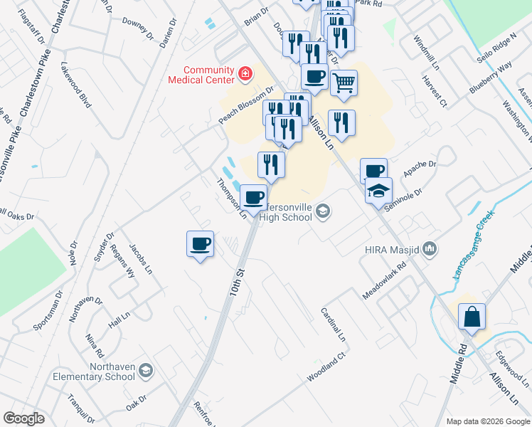 map of restaurants, bars, coffee shops, grocery stores, and more near 2710 East 10th Street in Jeffersonville