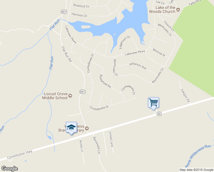 map of restaurants, bars, coffee shops, grocery stores, and more near 406 Battlefield Road in Locust Grove
