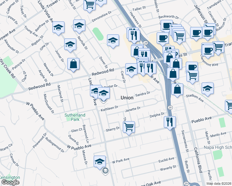 map of restaurants, bars, coffee shops, grocery stores, and more near 1626 Mary C Drive in Napa