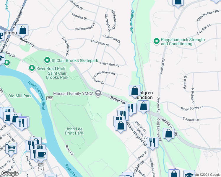 map of restaurants, bars, coffee shops, grocery stores, and more near 536 Fagan Drive in Fredericksburg