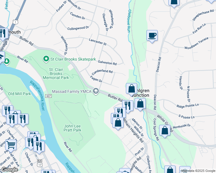 map of restaurants, bars, coffee shops, grocery stores, and more near 536 Fagan Drive in Fredericksburg