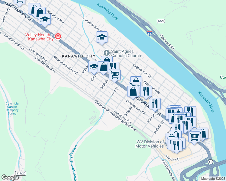map of restaurants, bars, coffee shops, grocery stores, and more near 5023 Venable Avenue in Charleston