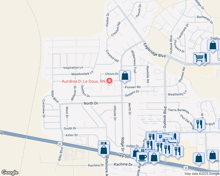 map of restaurants, bars, coffee shops, grocery stores, and more near 4205 Hideout Place in Pueblo