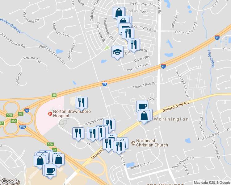 map of restaurants, bars, coffee shops, grocery stores, and more near 9804 Newquay Circle in Louisville