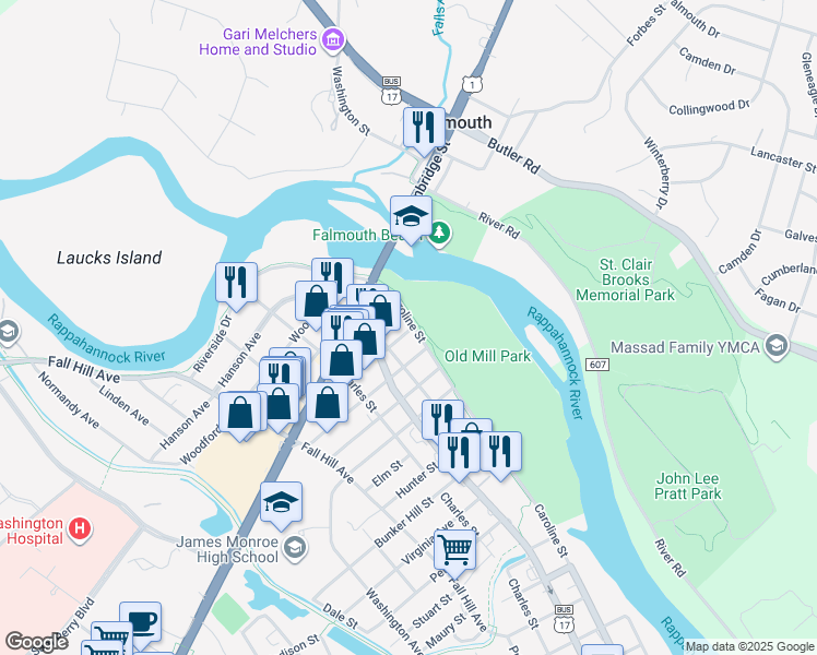 map of restaurants, bars, coffee shops, grocery stores, and more near 2616 Caroline Street in Fredericksburg