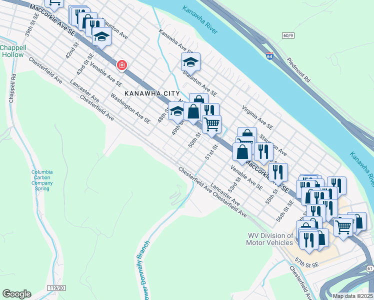 map of restaurants, bars, coffee shops, grocery stores, and more near 5001 Washington Avenue Southeast in Charleston