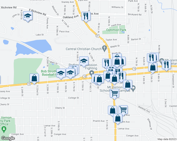 map of restaurants, bars, coffee shops, grocery stores, and more near Main St & N 14th St in Mt Vernon