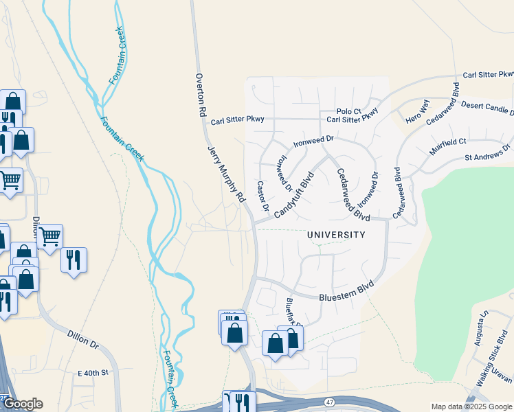 map of restaurants, bars, coffee shops, grocery stores, and more near 4509 Castor Drive in Pueblo