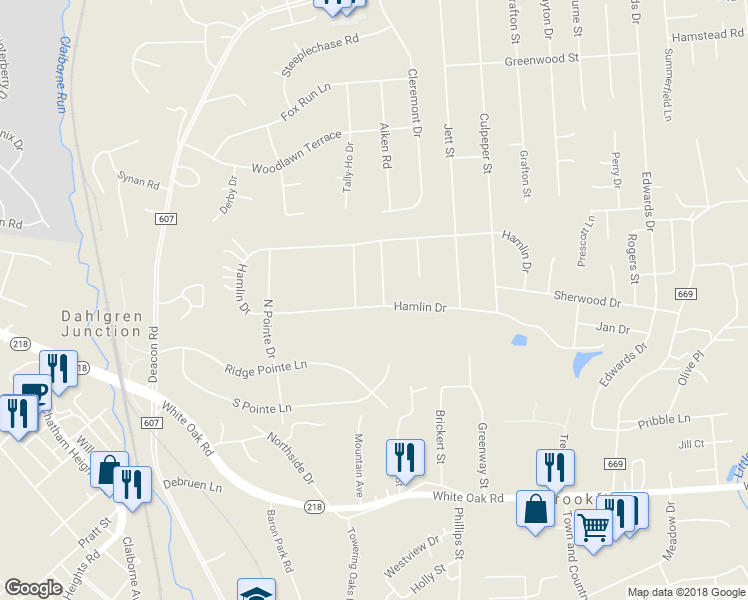 map of restaurants, bars, coffee shops, grocery stores, and more near 1 Creekway Lane in Fredericksburg