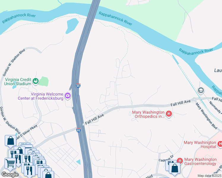 map of restaurants, bars, coffee shops, grocery stores, and more near 412 Rann Court in Fredericksburg