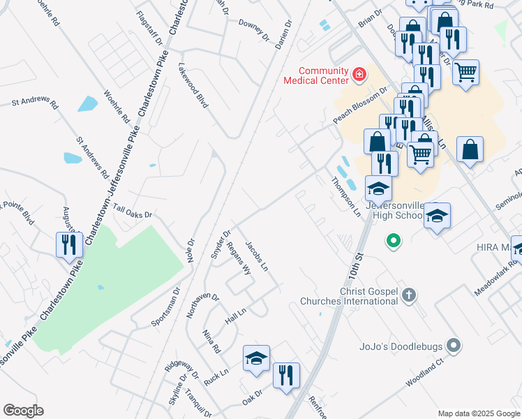 map of restaurants, bars, coffee shops, grocery stores, and more near 408 Thompson Lane in Jeffersonville