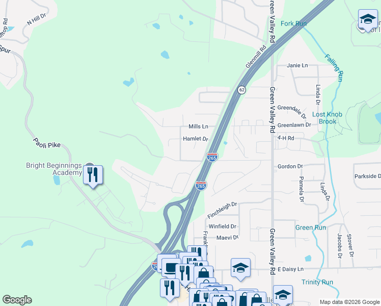 map of restaurants, bars, coffee shops, grocery stores, and more near 406 Glenview Heights in New Albany