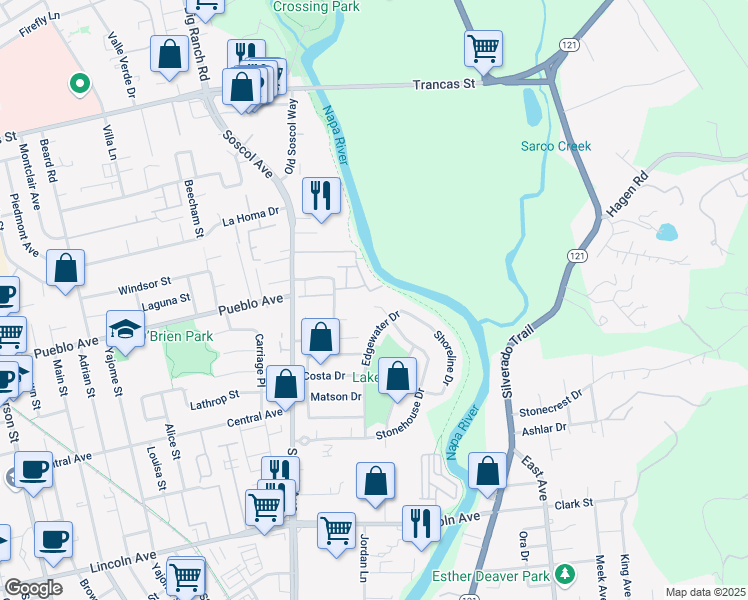 map of restaurants, bars, coffee shops, grocery stores, and more near 2409 Stonehouse Court in Napa
