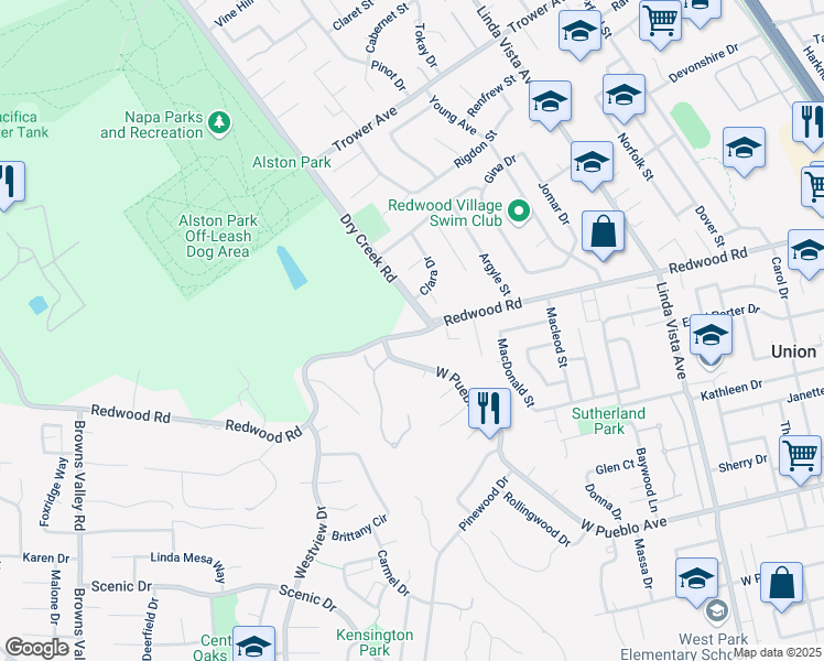 map of restaurants, bars, coffee shops, grocery stores, and more near 2700 Redwood Road in Napa