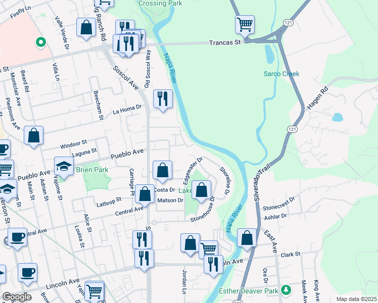 map of restaurants, bars, coffee shops, grocery stores, and more near 2409 Stonehouse Court in Napa