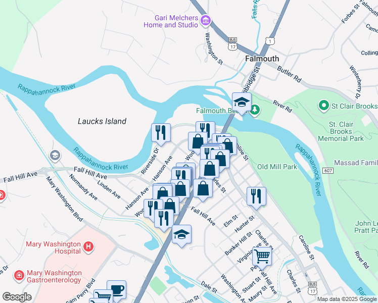 map of restaurants, bars, coffee shops, grocery stores, and more near 2901 Charles Street in Fredericksburg