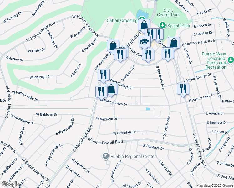 map of restaurants, bars, coffee shops, grocery stores, and more near South Angus Avenue in Pueblo West