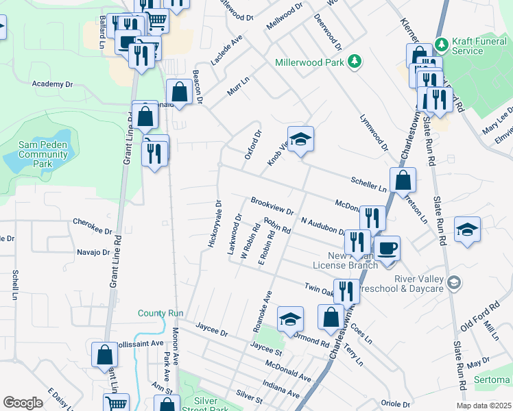 map of restaurants, bars, coffee shops, grocery stores, and more near 2621 West Robin Road in New Albany