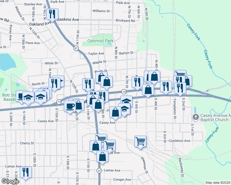 map of restaurants, bars, coffee shops, grocery stores, and more near Main Street in Mount Vernon