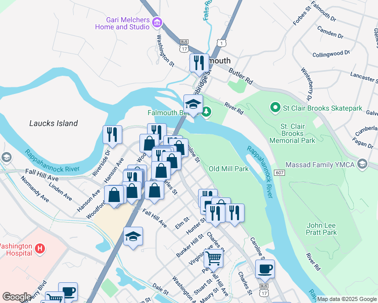 map of restaurants, bars, coffee shops, grocery stores, and more near 2626 Caroline Street in Fredericksburg