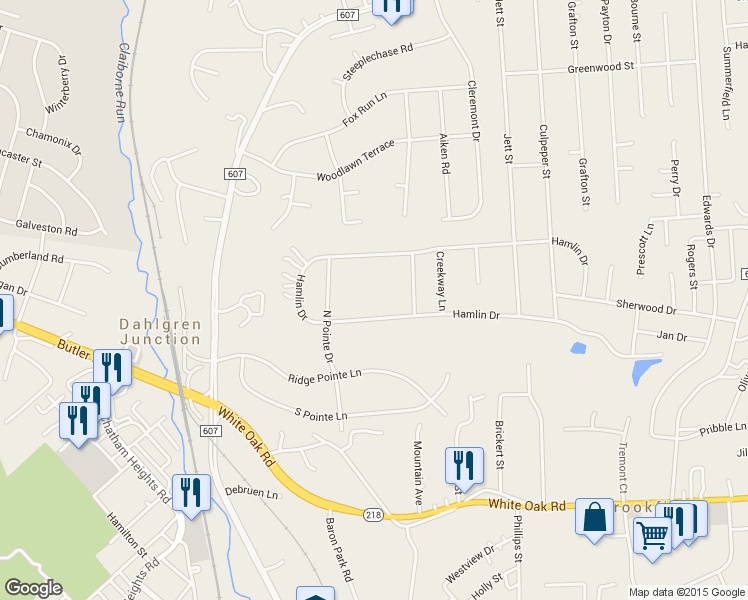 map of restaurants, bars, coffee shops, grocery stores, and more near 109 Hamlin Drive in Fredericksburg