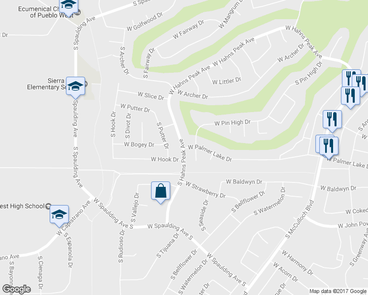 map of restaurants, bars, coffee shops, grocery stores, and more near 817 West Palmer Lake Drive in Pueblo West